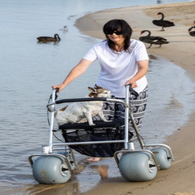 Woman Pushing The Wheeleez All-Terrain Beach Rollator Front View With Polyurethane Wheels, Foam Handles, And A Mesh Storage Compartment, Displayed On A Sandy Beach With A Dog On The Seat And Geese In The Background.