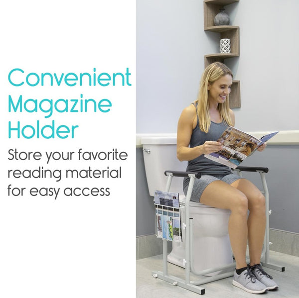 Woman Reading A Magazine On A Toilet With The Vive Health Stand Alone Toilet Rail Placed Beside her With Text 'Convenient Magazine Holder' And 'Store Your Favorite Reading Material For Easy Access'. 
