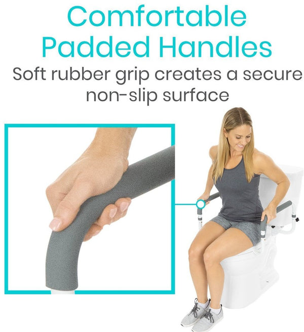 Woman Sitting And Gripping The Padded Handles For The Vive Health Compact Toilet Rail