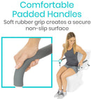 Woman Sitting And Gripping The Padded Handles For The Vive Health Compact Toilet Rail