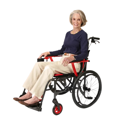 Woman Sitting In The Journey So Lite C2 Wheelchair Shown In Red Color