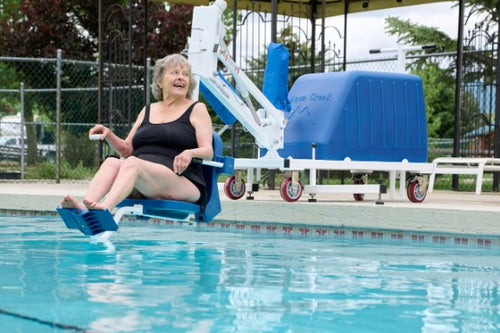 Woman Using The Aqua Creek Voyager Pool Lift Blue Color To Enter A Pool.