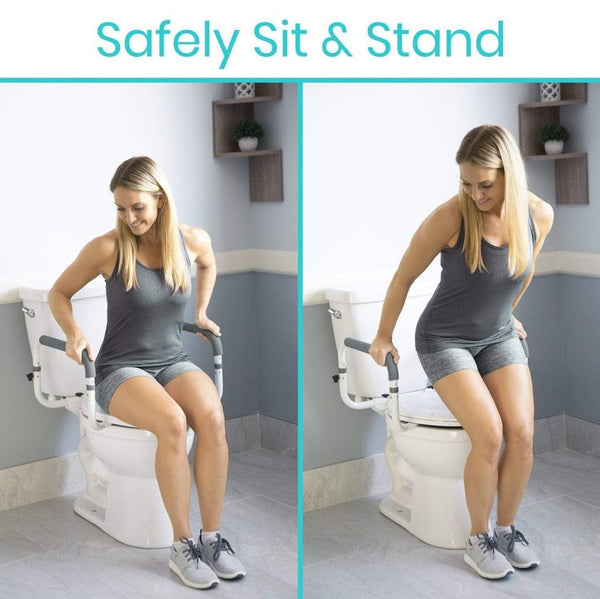 Woman Using The Vive Health Compact Toilet Rail To Safely Sit And Stand On The Toilet