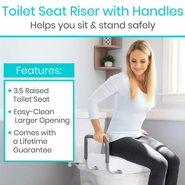 Woman Using The Vive Health Toilet Seat Riser With Handles As Standing Support In A Bathroom Setting With Text 'Toilet Seat Riser With Handles' And Key Features Listed