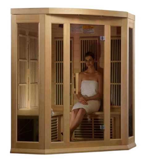 Woman Wearing A Robe Sitting Inside The Maxxus 3-Person Low EMF FAR Infrared Corner Indoor Sauna | MX-K356-01