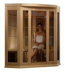 Woman Wearing A Robe Sitting Inside The Maxxus 3-Person Low EMF FAR Infrared Corner Indoor Sauna | MX-K356-01