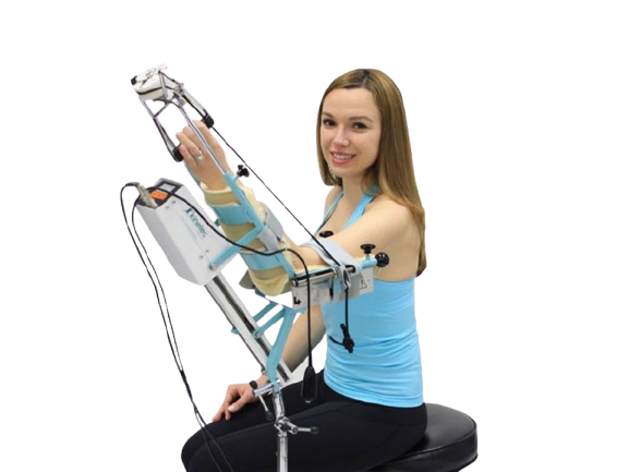 Woman Wearing Tights And Blue Tank Top In The Seated Position Front View Using The Kinetec 6080 Elbow CPM Machine 