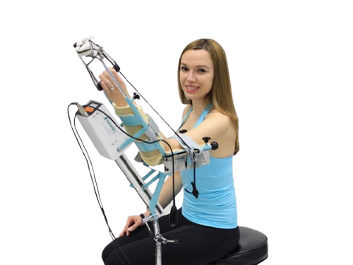 Woman Wearing Tights And Blue Tank Top In The Seated Position Front View Using The Kinetec 6080 Elbow CPM Machine 