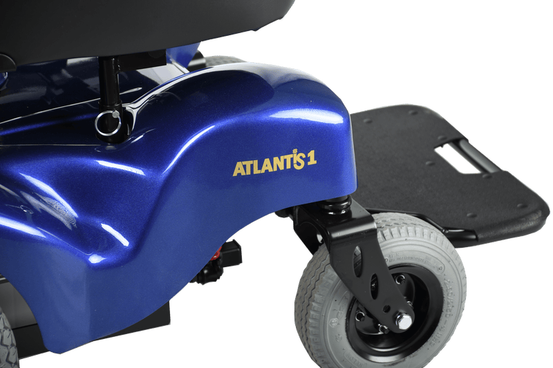 Close Up Side View Of The Merits Atlantis Heavy Duty Power Chair In Blue Color