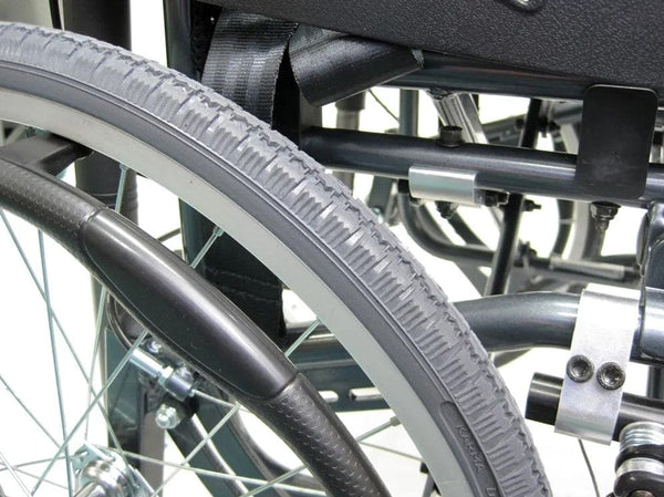 Close Up View Of The Karman VIP-515 Tilt-In-Space Wheelchair Frame And Wheels