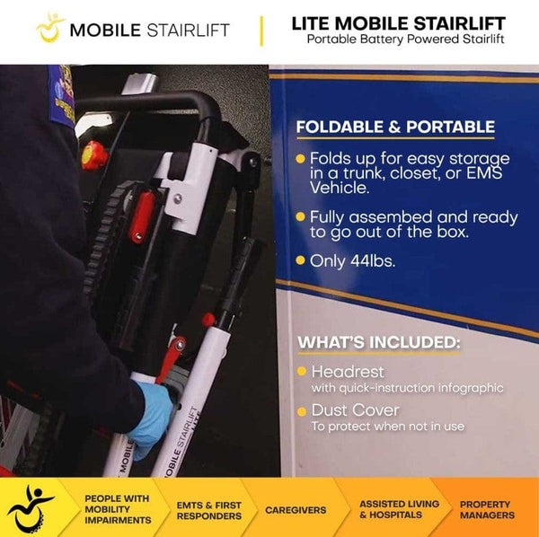 Close Up View Of The LITE Mobile Stairlift Being Carried Inside A Vehicle With Text 'Foldable And Portable' And 'Whats Included'