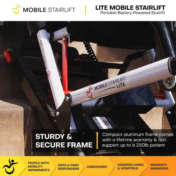 Close Up View Of The LITE Mobile Stairlift Frame With Text 'Sturdy And Secure Frame'