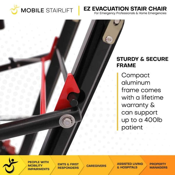 Close Up View Of The Mobile Stairlift EZ Evacuation Stair Chair Frame With Text 'Sturdy And Secure Frame'