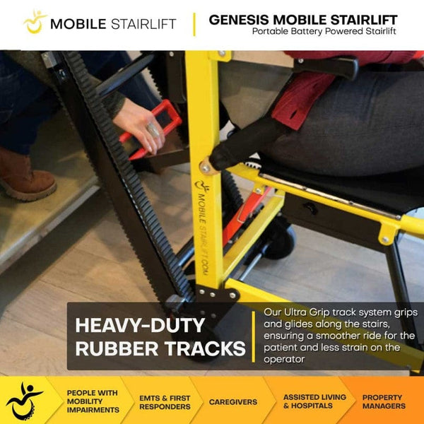 Close Up View Of The Rubber Tracks For The Genesis Mobile Stairlift With Text 'Heavy-Duty Rubber Tracks'