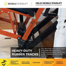 Close Up View Of The Rubber Tracks For The Helix Mobile Stairlift With Text 'Heavy-Duty Rubber Tracks' Shown Moving Up The Stairs