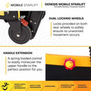 Close Up View Of The Wheel And Handle Adjustment Knob For The Genesis Mobile Stairlift With Text 'Dual Locking Wheels' And 'Handle Extension'