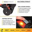 Close Up View Of The Wheel For The Helix Mobile Stairlift With Text 'Dual Locking Wheels' And 'Portable Battery'