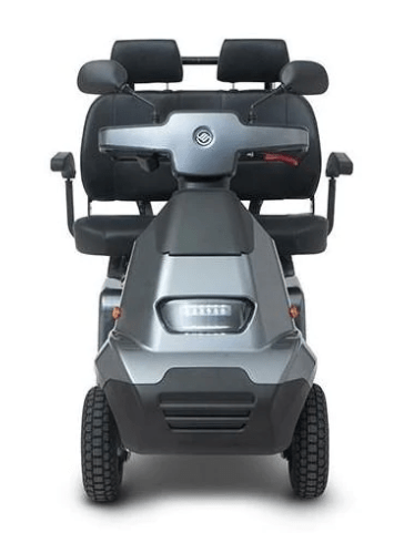 Front Centered View Of The AFIKIM Afiscooter S4 Scooter Shown In The Dark Gray Color In The Dual Seat Configuration