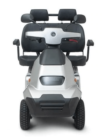 Front Centered View Of The AFIKIM Afiscooter S4 Scooter Shown In The Silver Color In The Dual Seat Configuration