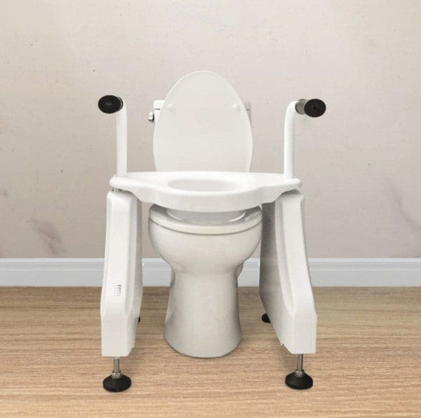 Front Centered View Of The ArGo Electric Toilet Lift Shown In An Indoor Setting Over A Toilet Bowl