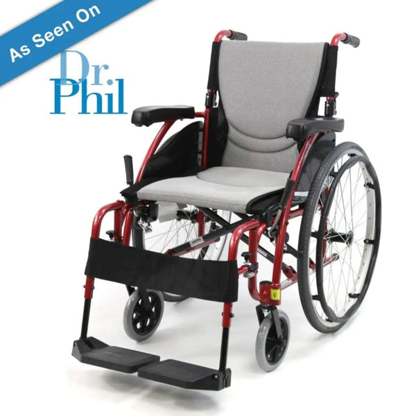 Front Centered View Of The Karman S-Ergo 115 Wheelchair Shown With Red Frame And Text As Seen On Dr Phil