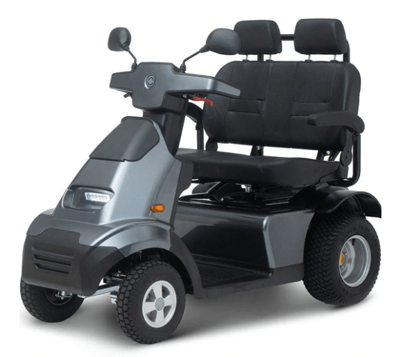 Front Left Side View Of The AFIKIM Afiscooter S4 Scooter Shown In The Dark Gray Color In The Dual Seat Configuration