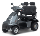Front Left Side View Of The AFIKIM Afiscooter S4 Scooter Shown In The Dark Gray Color In The Dual Seat Configuration