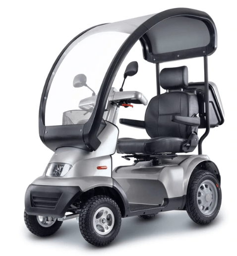 Front Left Side View Of The AFIKIM Afiscooter S4 Scooter Shown With Optional Canopy In The Single Seat Configuration In The Silver Color