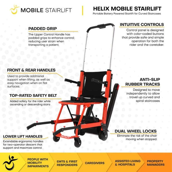 Front Left Side View Of The Helix Mobile Stairlift With Text Highlighting Key Features