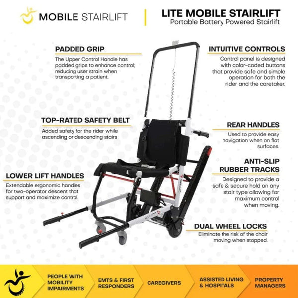 Front Left Side View Of The LITE Mobile Stairlift Shown With Text Highlighting Its Key Features