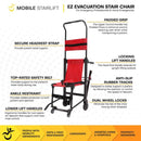 Front Left Side View Of The Mobile Stairlift EZ Evacuation Stair Chair With Text Highlighting Its Key Features