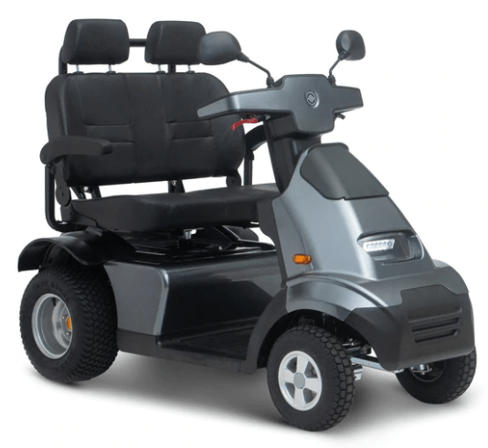 Front Right Side View Of The AFIKIM Afiscooter S4 Scooter Shown In The Dark Gray Color In The Dual Seat Configuration