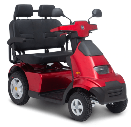 Front Right Side View Of The AFIKIM Afiscooter S4 Scooter Shown In The Red Color With The Dual Seat Configuration