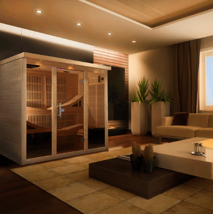 Front Right Side View Of The Golden Designs Monaco 6-Person Near Zero EMF Far Infrared Indoor Sauna |  GDI-6996-01 Shown In An Indoor Setting