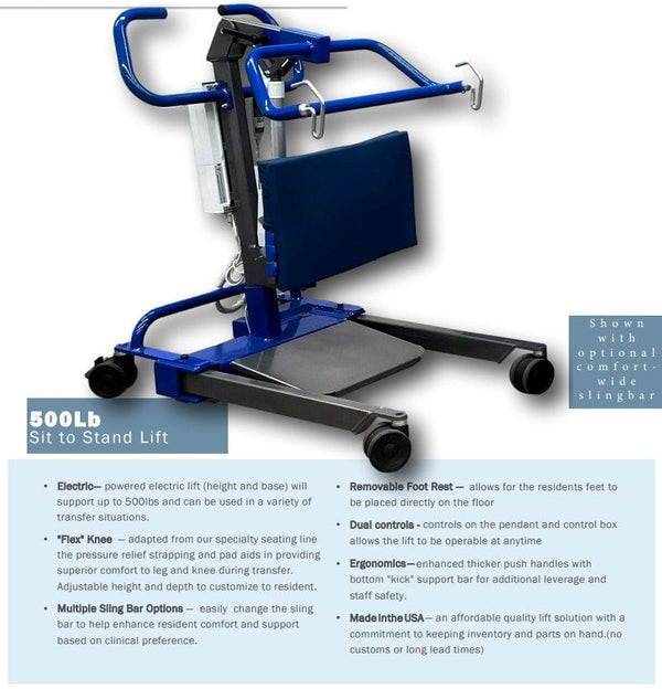 Front View Of The Med Mizer MedRiser Sit-to-Stand Lift With Key Feature Descriptions