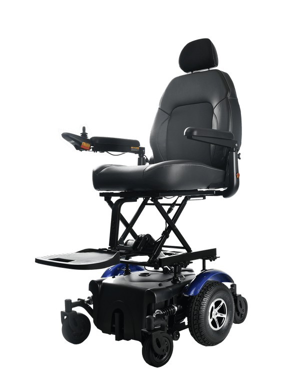 Front View Of The Merits Vision Super Heavy Duty Power Chair With Elevated Seat In Blue Color