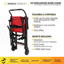 Front View Of The Mobile Stairlift EZ Evacuation Stair Chair Shown In The Folded Position With Text 'Foldable And Portable' And 'What's Included'
