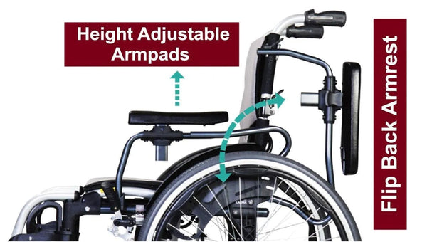 Left Side View Of The Karman S-Ergo 305 Wheelchair Shown With Pearl Silver Frame Demonstrating Its Height Adjustable And Flip Back Armrests 