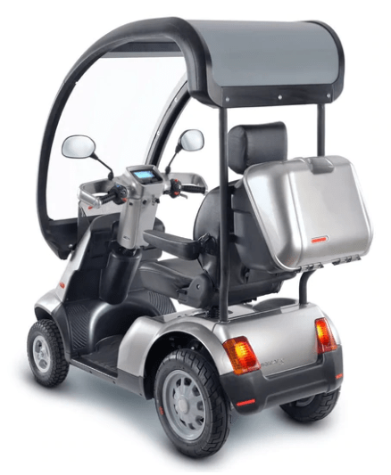 Rear Left Side View Of The AFIKIM Afiscooter S4 Scooter Shown With Optional Canopy In The Single Seat Configuration In The Silver Color