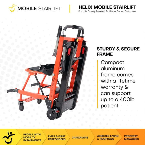 Rear Left Side View Of The Helix Mobile Stairlift With Text 'Sturdy And Secure Frame'