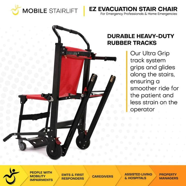Rear Left Side View Of The Mobile Stairlift EZ Evacuation Stair Chair With Text 'Durable Heavy-Duty Rubber Tracks'