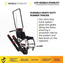 Rear Right View Of The LITE Mobile Stairlift Shown With The Handlebar In The Extended Position With Text 'Durable Heavy-Duty Rubber Tracks'