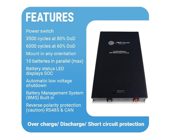 AIMS Power Lithium Battery 24V 400AMP LiFePO4 Industrial Grade