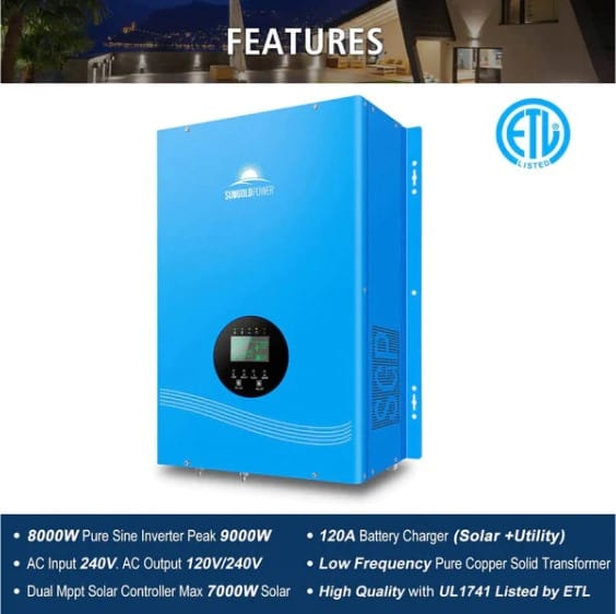 SunGoldPower Complete Off Grid Solar Kit 8000W 48V 120V Output 10.24KWH Lithium Battery 3600 Watts Solar Panel