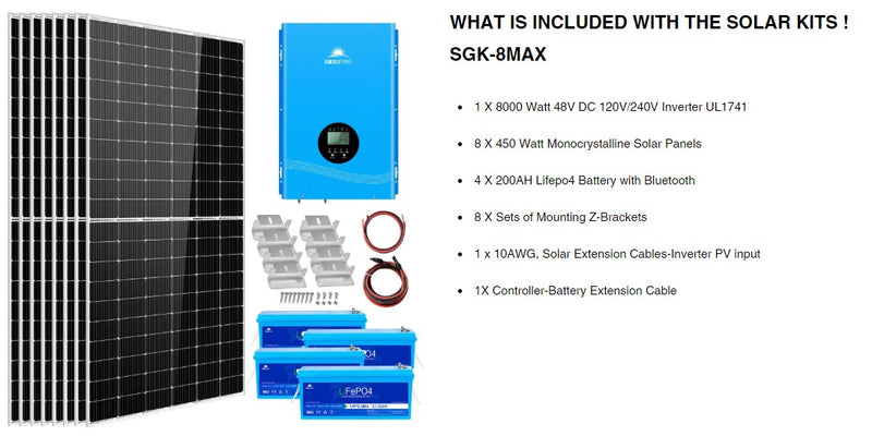 SunGoldPower Complete Off Grid Solar Kit 8000W 48V 120V Output 10.24KWH Lithium Battery 3600 Watts Solar Panel