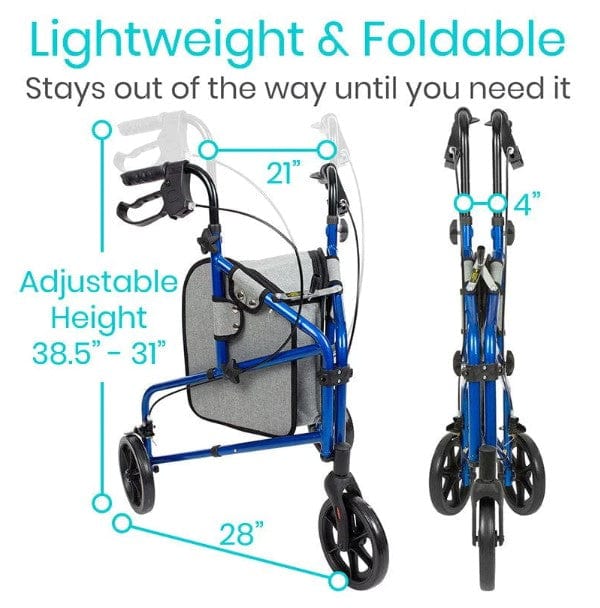 Vive Health 3 Wheel Walker Rollator - Lightweight Foldable Walking Transport