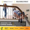 View Of The Helix Mobile Stairlift Being Used Down Stairs In A Home Setting With Text 'Designed For Curved Stairs'